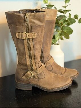 Born Brown Suede Lace-Up Mid-Calf Boots with Side Zipper